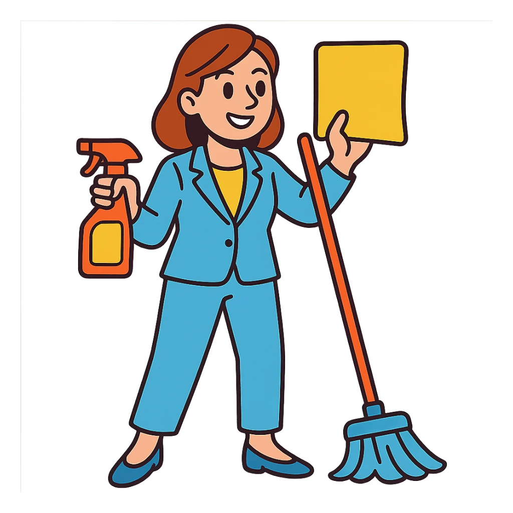 light-skinned woman in a light blue suit cleaning sticker