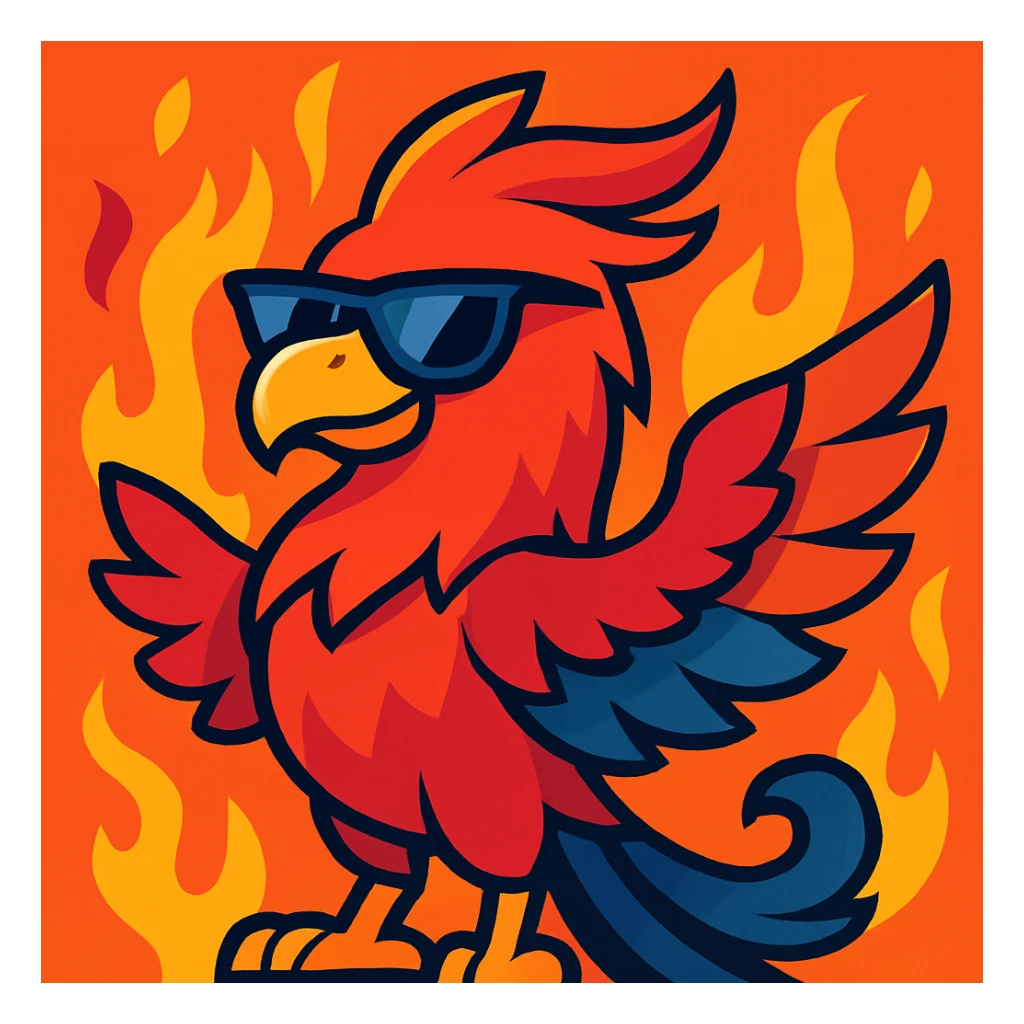 Add a fiery background with flames to the cool phoenix, keep the modern vibrant toon style with bright and dynamic colors. sticker