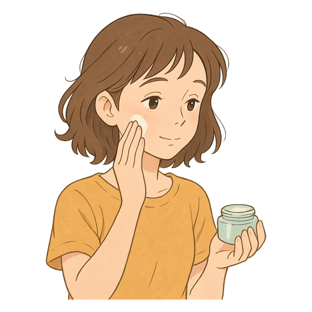 ghibli style girl making skincare, soft colors, gentle expression sticker