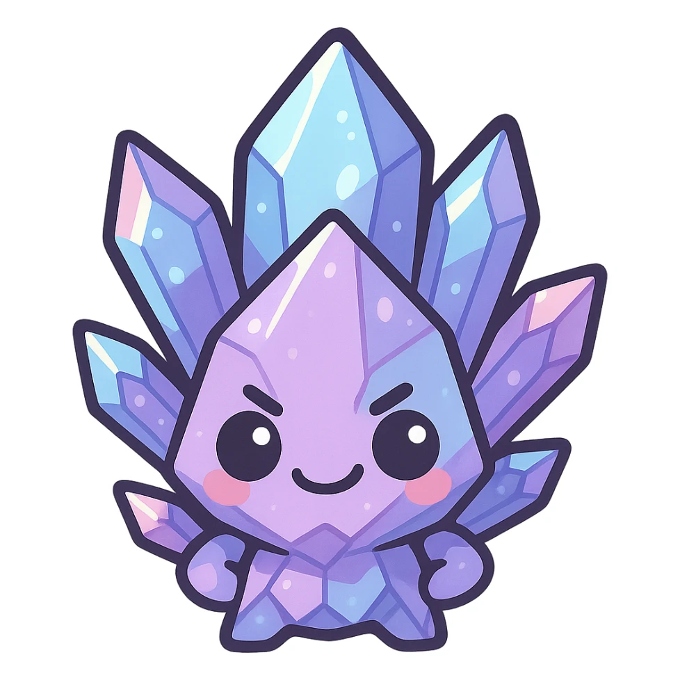kawaii style emote of a crystal sprite creature, purple, blue, and pink, mischievous expression sticker