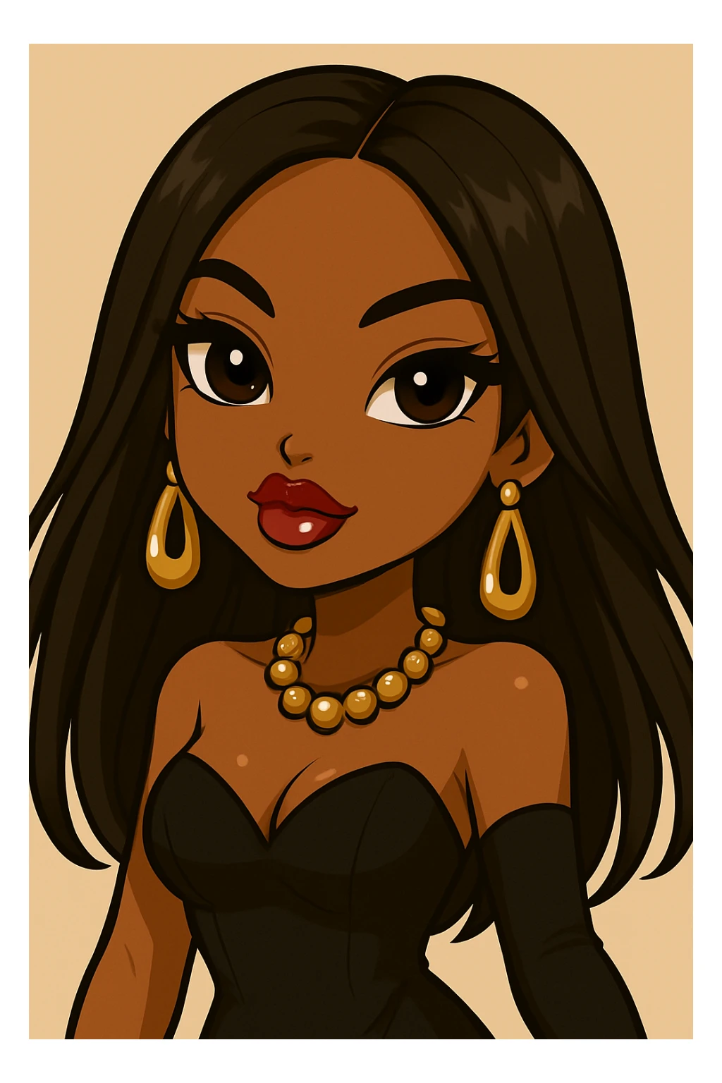 Remove the wink, keep both eyes open with a sassy attitude, headshot only, 20-year-old anime Bratz style woman with dark skin, straight hair, glamorous evening wear, big expressive eyes, glossy lips, no hat, no tears, confident and playful expression, in anime Bratz style. sticker