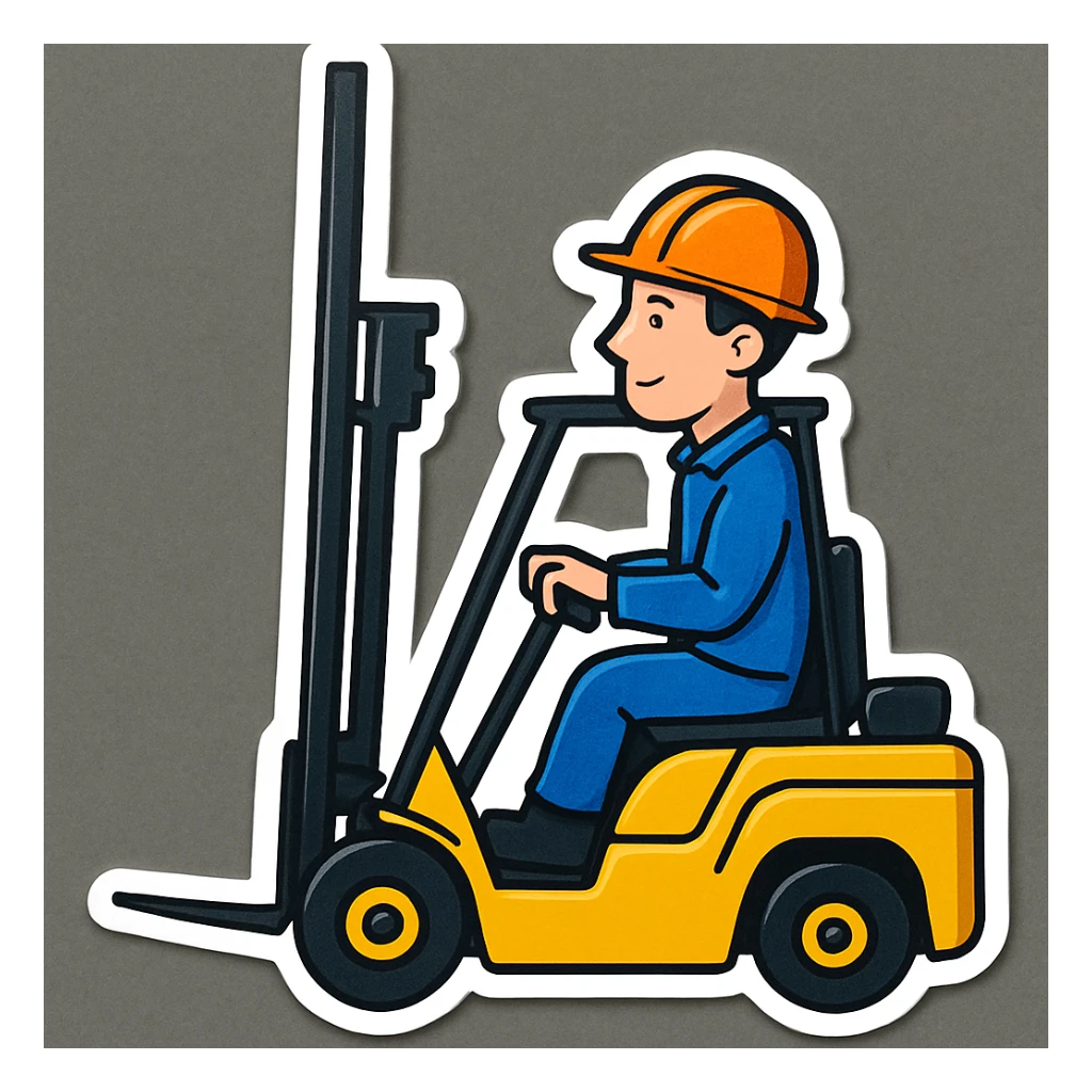 Add a driver to the forklift in a sticker style, cartoonish and bold with clear outlines and vibrant colors. sticker