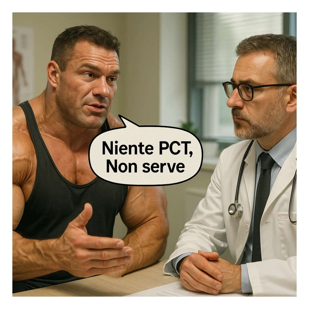 bodybuilder che dice ad una dottore "Niente PCT, Non serve", iper realistica sticker