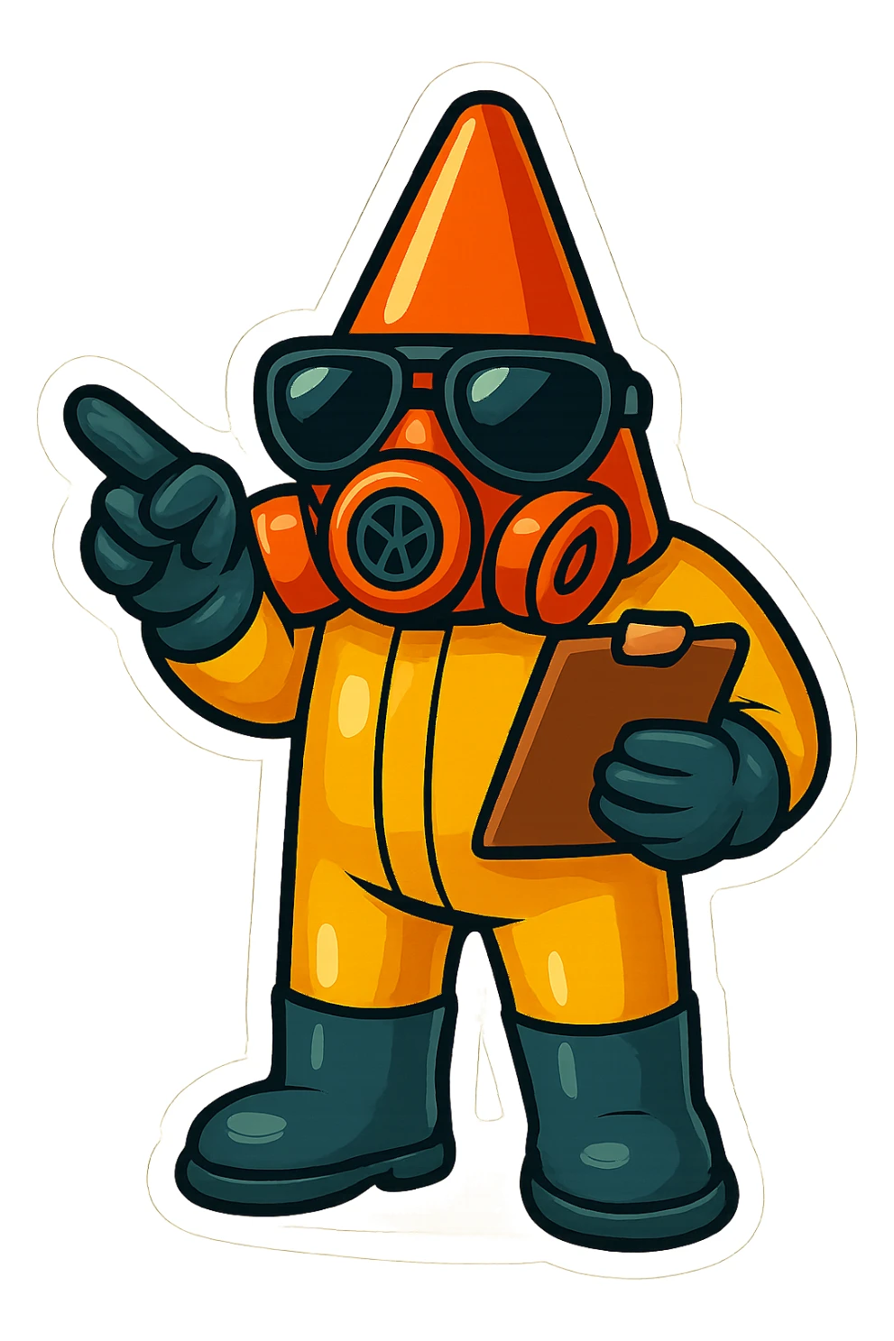 This character in retro sticker style, holding a clipboard and pointing, giving instructions, vibrant and clean with transparent background. sticker