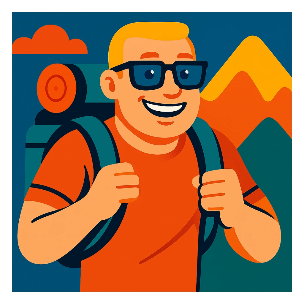 Make the bold man smile, keep the vibrant toon style, squared dark glasses, blue eyes, traveler with backpack. sticker