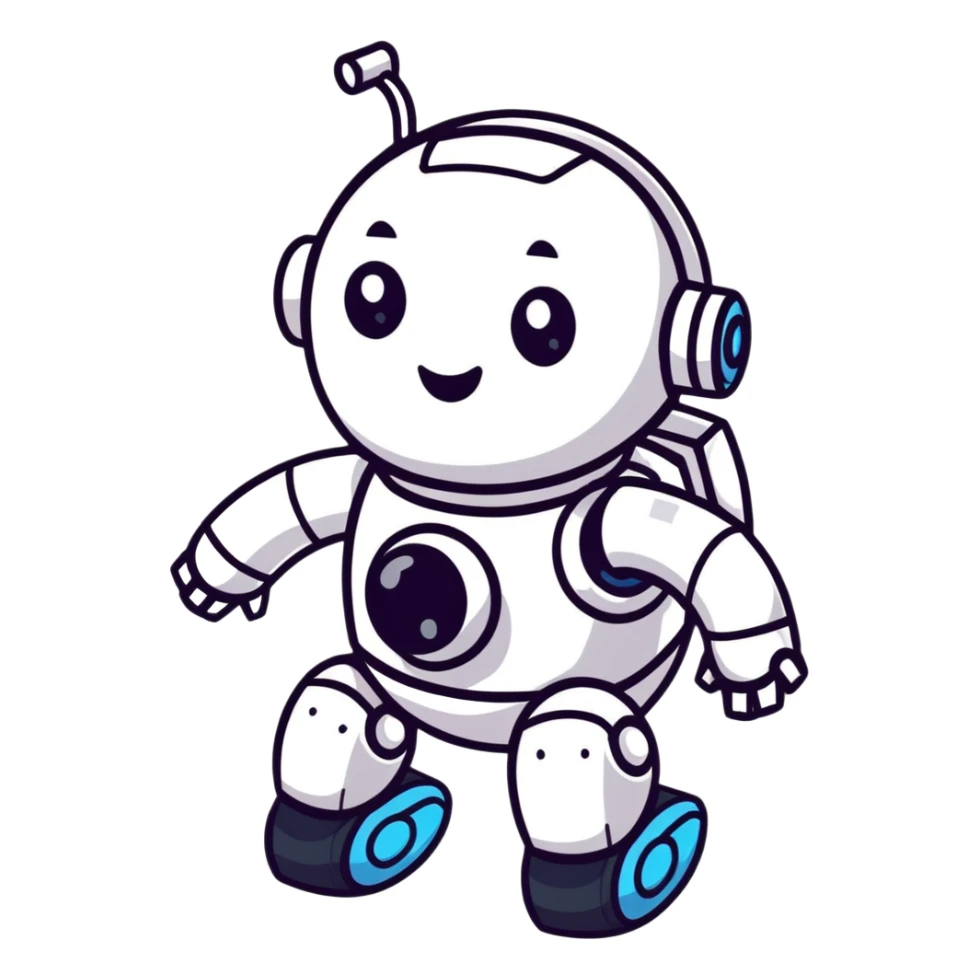 cartoon sticker of a laughing AI robot with comic eyes, playful sticker