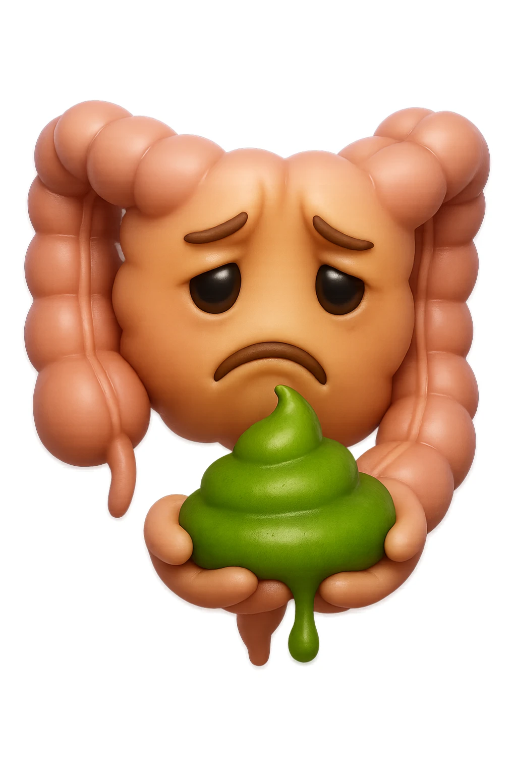 emoji stile iphone 3d di un intestino con espressione triste con cacca verde e liquida in mano , iperrealistiche 4k sticker