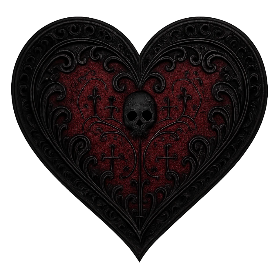goth heart, black and deep red, ornate lace, subtle skull or cross motif, moody atmosphere, no background sticker