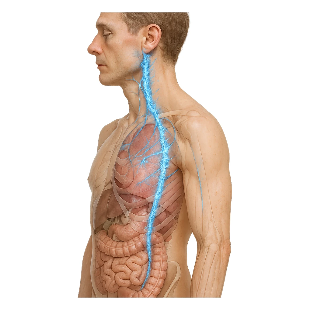 realistic human body with vagus nerve highlighted, right lateral view, anatomical details, vagus nerve path clearly visible, blue ice and crystal effect along the nerve, transparency on internal organs, white background sticker