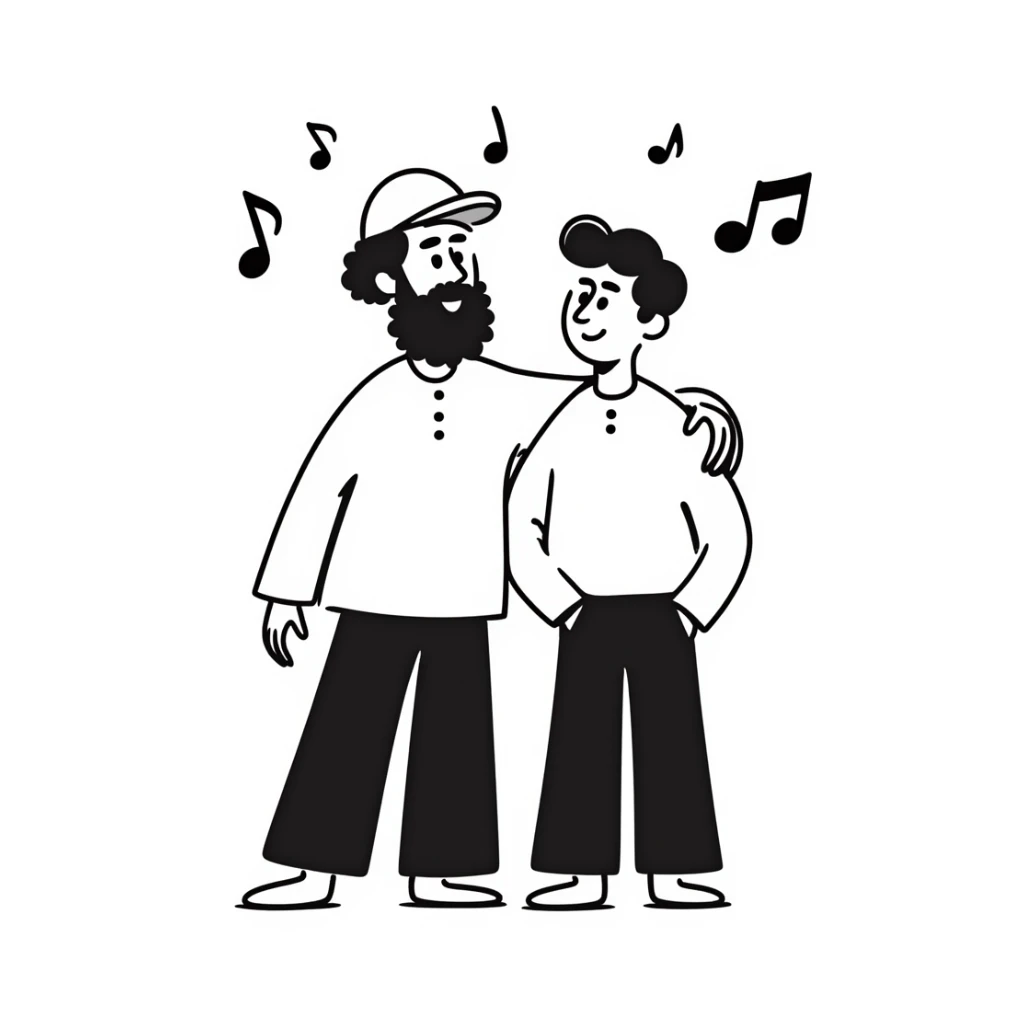A taller 35-year-old musician with beard and backwards cap with his arm around the shoulder of his shorter, younger 25-year-old musician brother. Both facing forward, smiling. Obvious height difference between them. Music notes floating around and band members celebrating in background. sticker