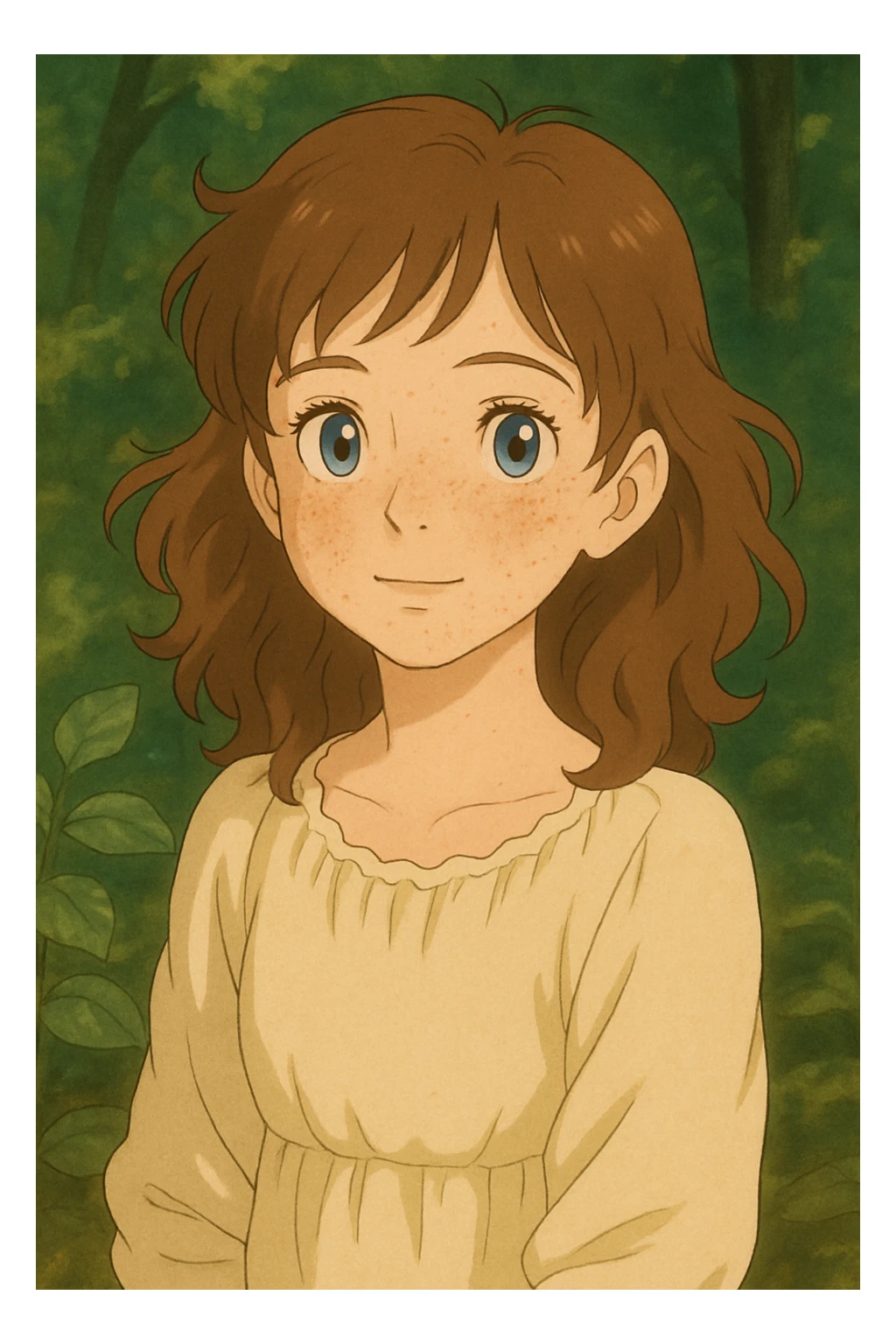 Add subtle freckles to her cheeks, preserving the ghibli-inspired style. sticker