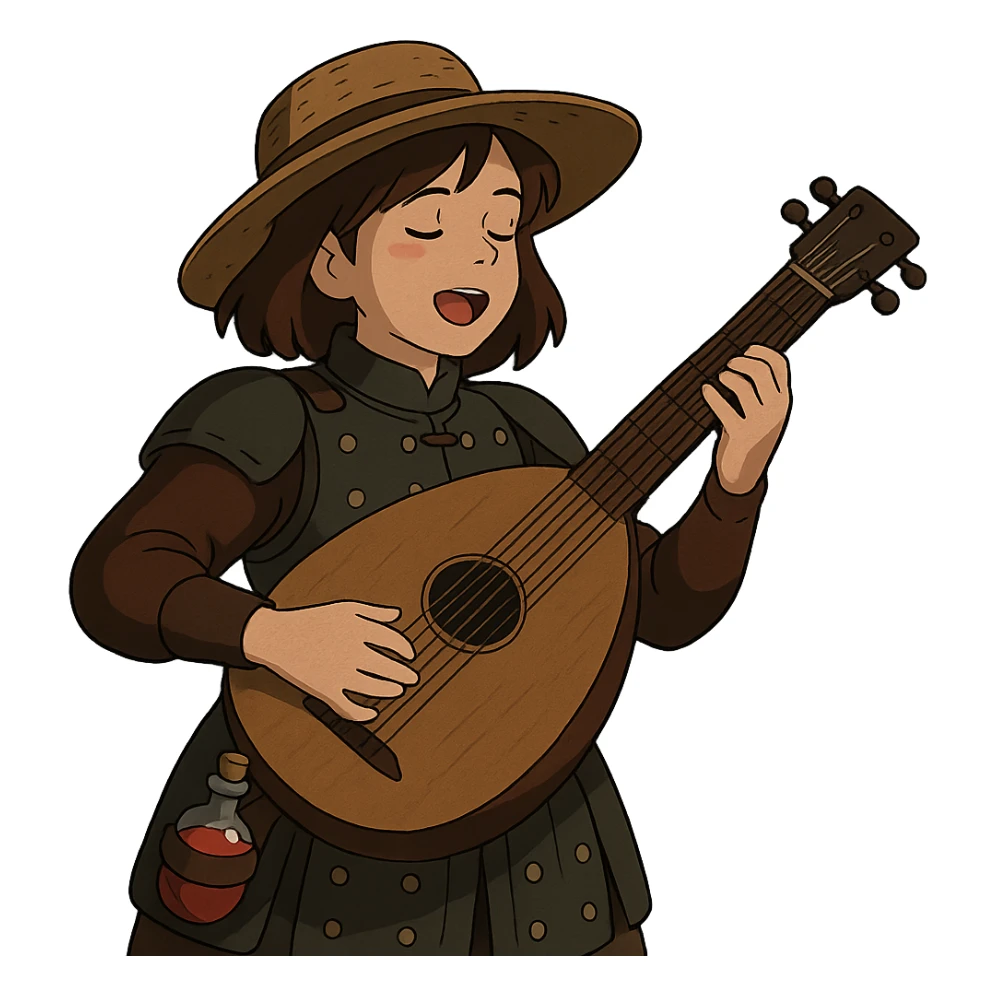 A female bard wearing brigandine armor with a sturdy straw hat, playing a fat lute and singing, night time shadows  , tool belt with red potion and bandages  sticker