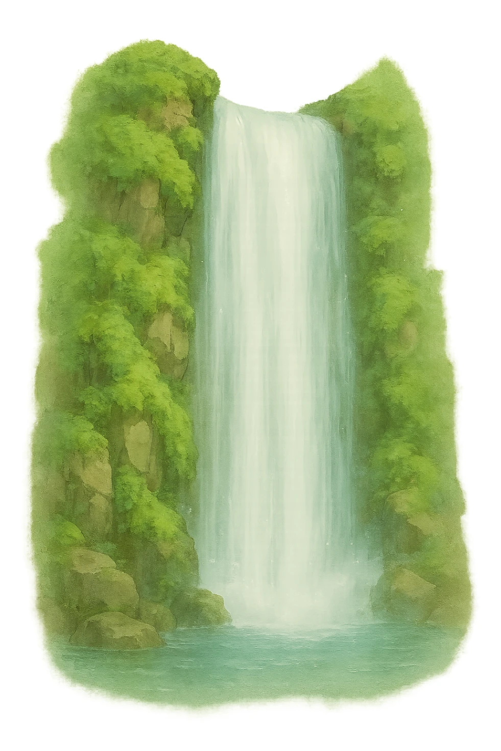 a realistic waterfall, natural colors, soft, fairy-like atmosphere, no background sticker