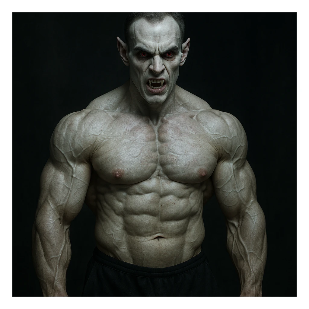 realistic image of a muscular bodybuilder with vampire appearance, inspired by trenbolone use, pale skin, intense eyes, dark atmosphere, realistic details sticker