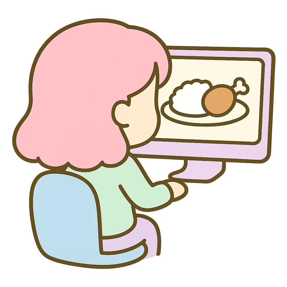 Edit the image to show the woman sitting in front of a computer, facing the computer and away from us, in the same kawaii chibi anime style with flat pastel colors, thick outlines, and simple cute features. On the computer screen, display a plate of rice with a chicken drumstick. Keep the background transparent. sticker