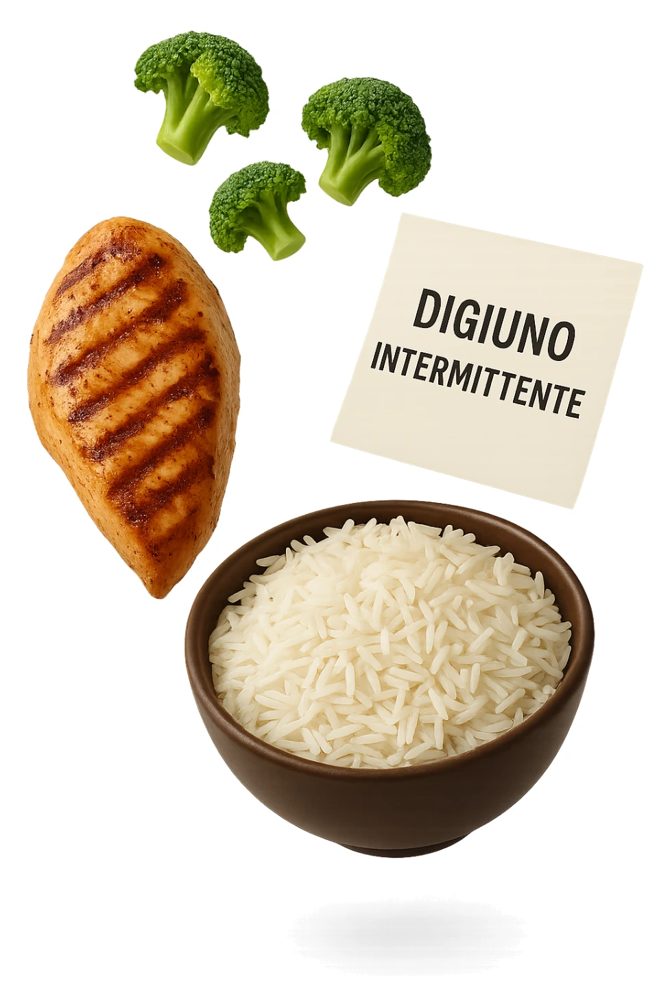 petto di pollo grigliato, bowl di riso basmati e broccoletti fluttuano in aria insieme ad un foglio con la scritta "DIGIUNO INTERMITTENTE", iperrealistico 4k sticker