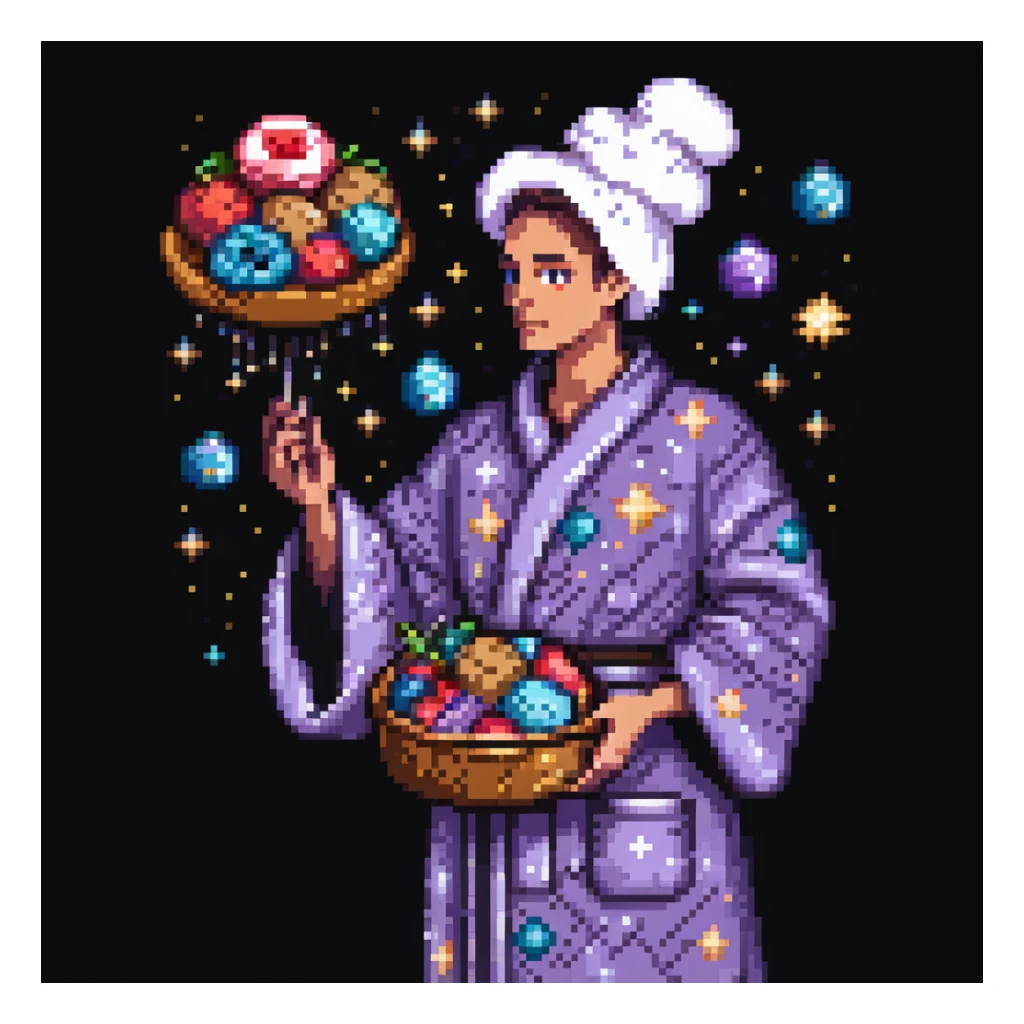 Portrait of a surreal baker floating among stars, wearing a galaxy-patterned robe, holding stardust ingredients, skeuomorphism style sticker