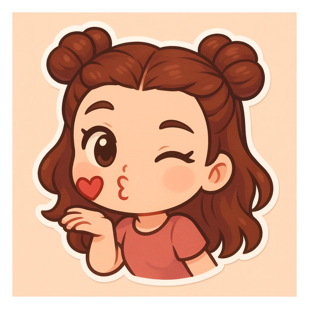 Create a chibi sticker of the girl from the reference image. She is blowing a kiss and winking, playful and sweet, with her signature double bun hairstyle. sticker