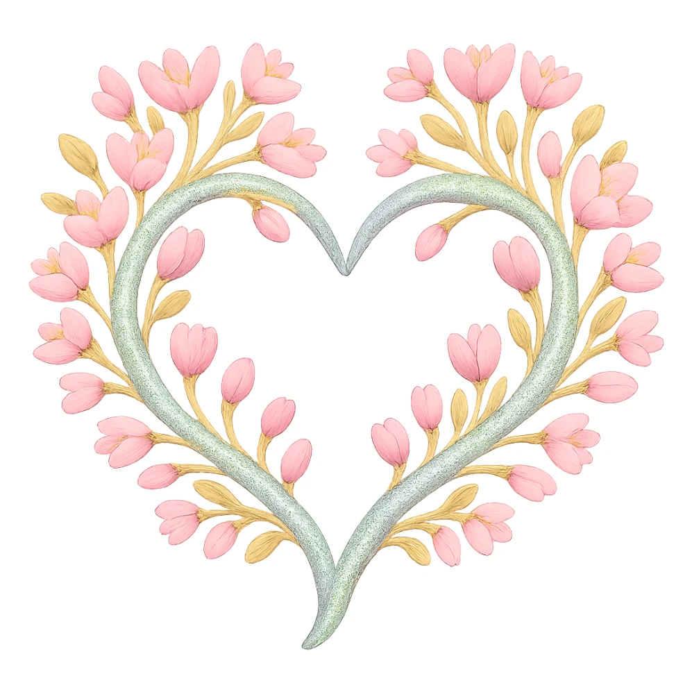 Replace the shimmer effect with a rainbow shimmer on the gold and silver details of the heart entwined with sakura branches in the style of apple emojis, no background. sticker