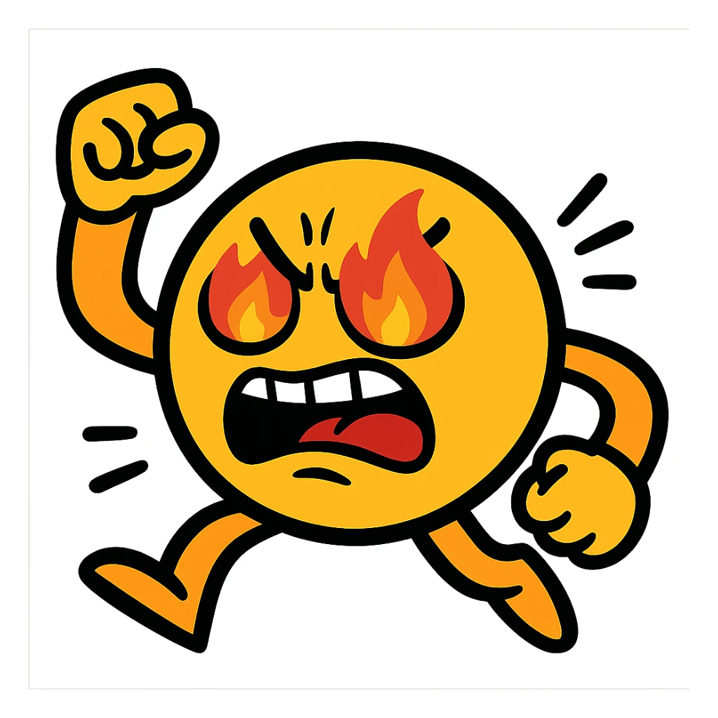 revenge emoji, cartoon style, angry face with fiery eyes, exaggerated features, dynamic pose sticker