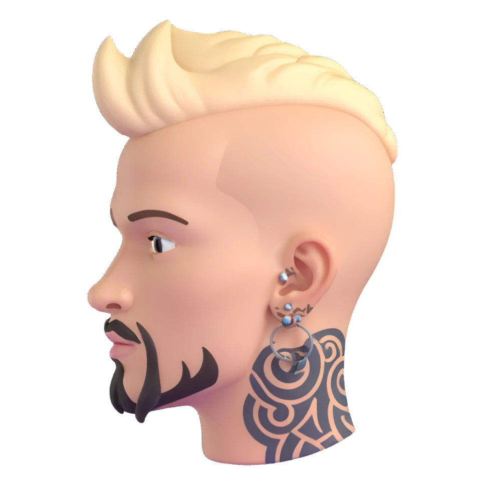 head of a white man with a goatee, mohawk, earring, and head tattoo sticker