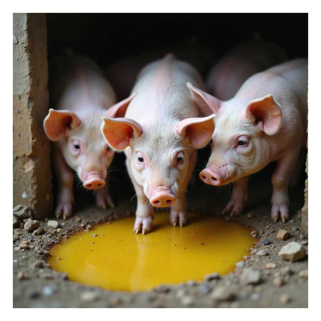 group of pigs in a pigsty, one drinking from a yellow puddle, realistic atmosphere, farming details, 4K quality sticker