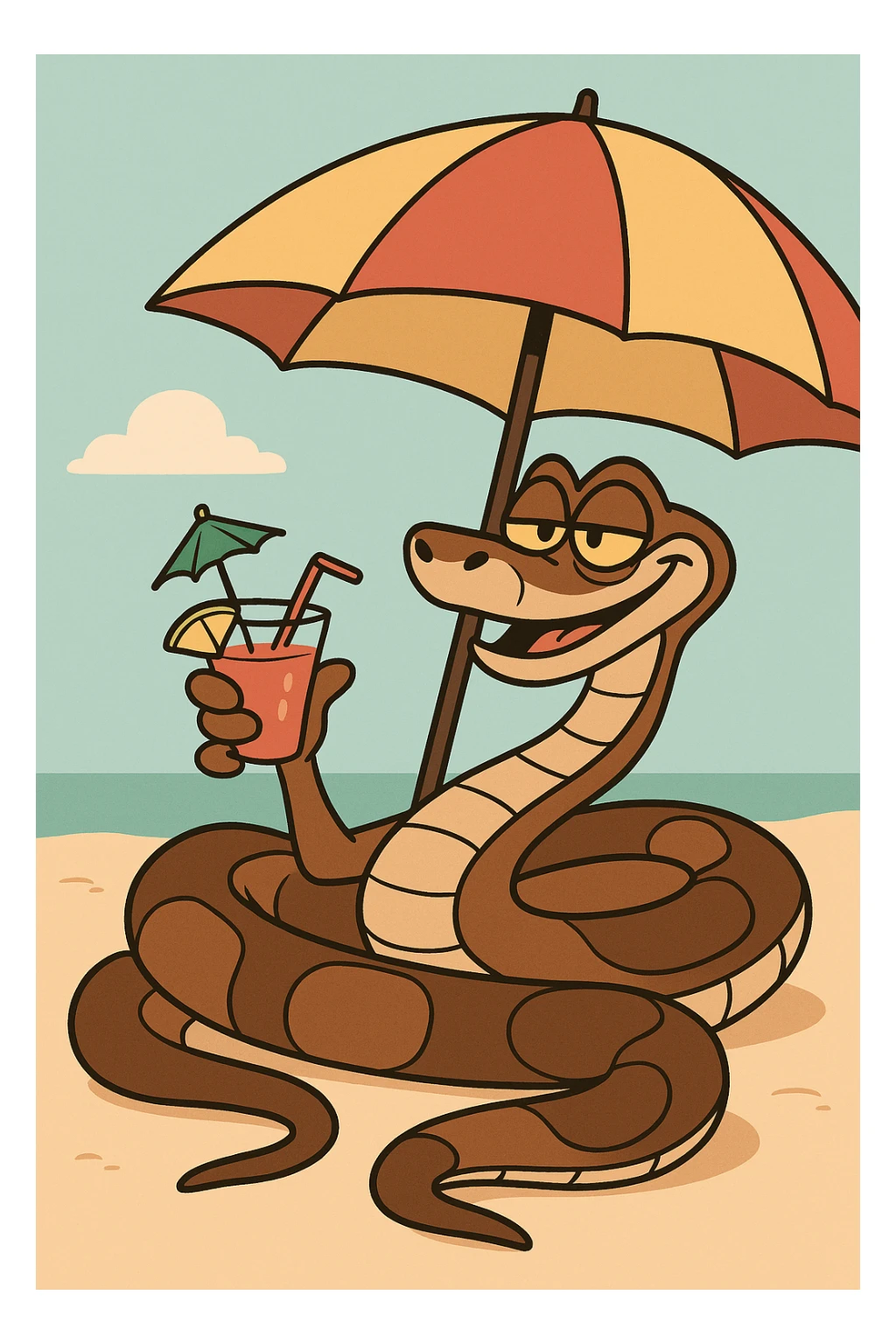 Kaa the snake from The Jungle Book lounging under a beach umbrella, holding a tropical drink, cartoon style sticker