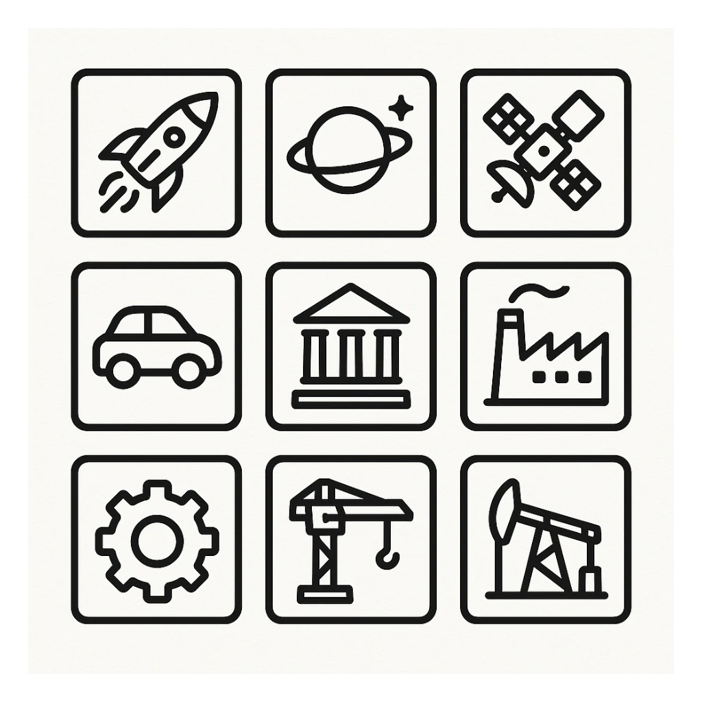 large resolution square minimal icons, space semiotic, black print on white background, square outline icons, sleek symbols, transportation, economy, engineering, industry. Designed for signage.  sticker