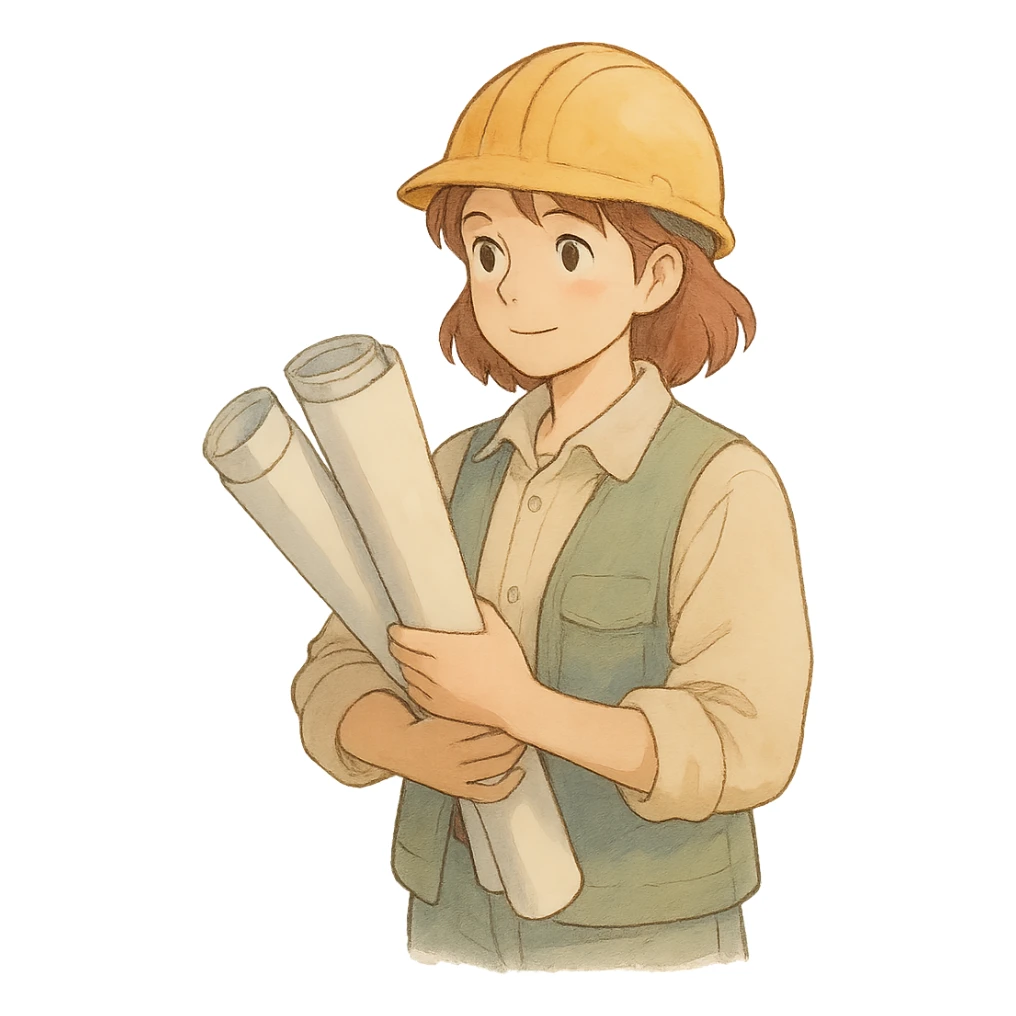 ghibli style woman construction worker holding blueprints, soft colors, no background sticker