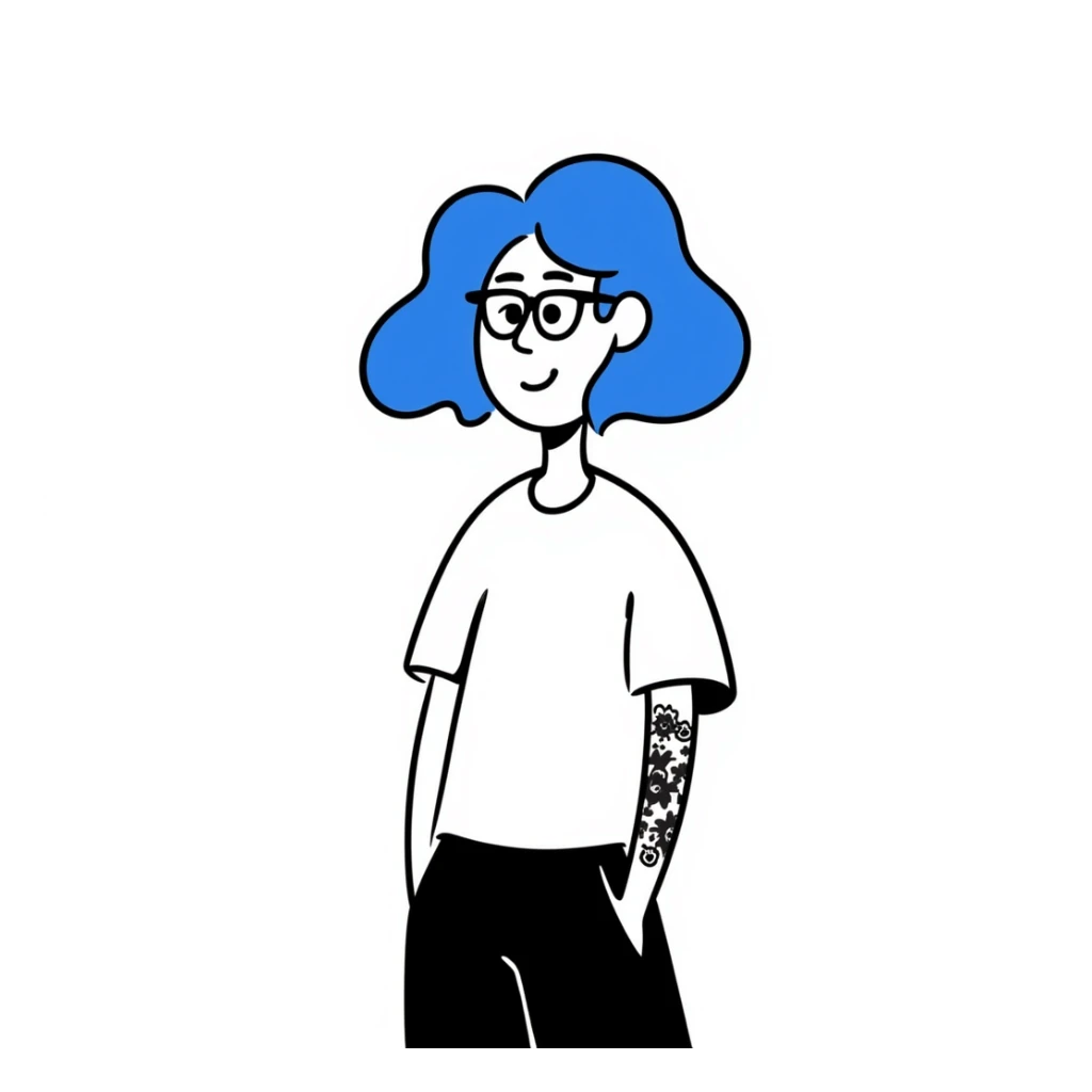 drawing of a person with blue hair, glasses, and tattoos sticker