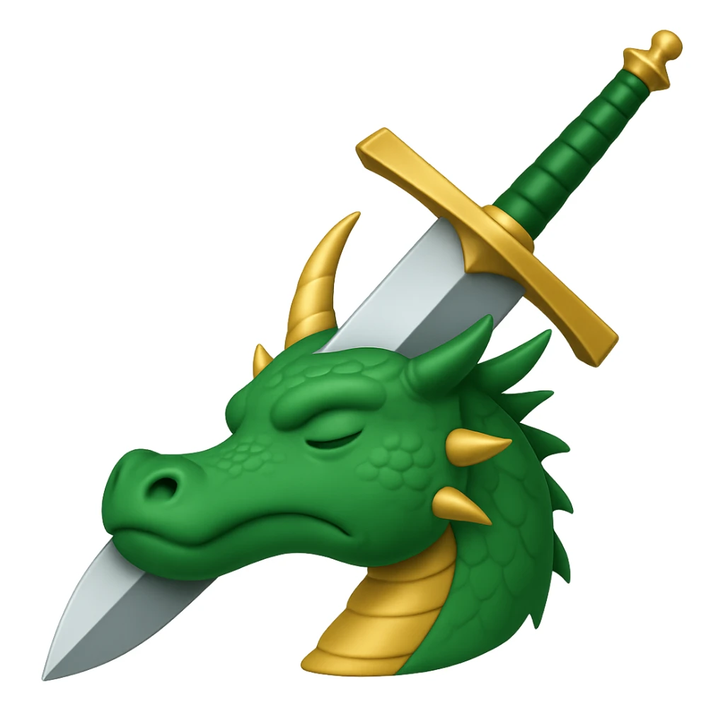 Make the sword much larger, keep the green dragon's head defeated, symbolizing conquering a challenge, in WhatsApp emoji style with no background. sticker