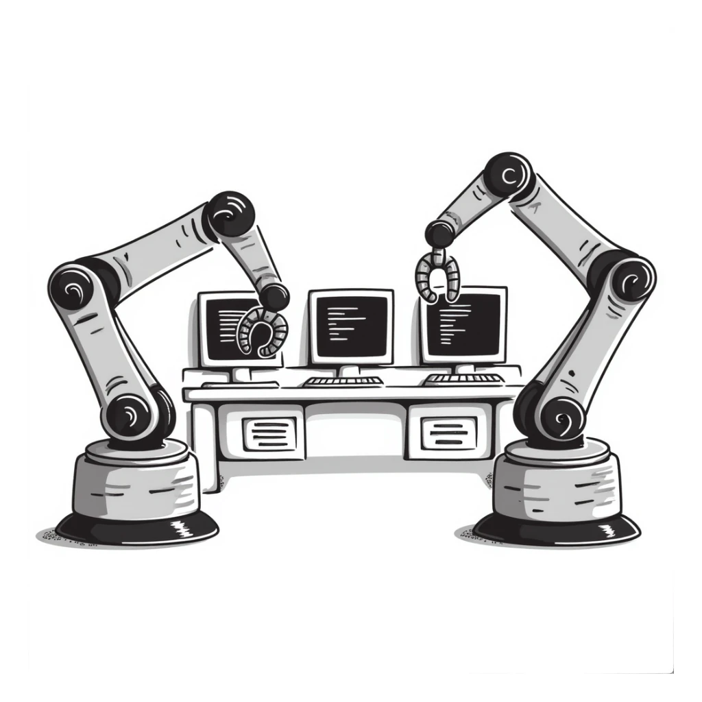 A robotics lab with mechanical arms and old CRT monitors sticker