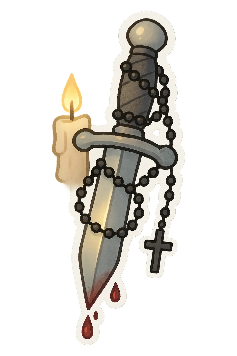 chibi-style silver dagger wrapped in a black rosary, tiny crucifix hanging from the hilt, soft glow around the blade, blood droplets on the tip, gothic Catholic aesthetic, muted tones of silver, black, and crimson, glowing softly under candlelight, dramatic yet reverent sticker