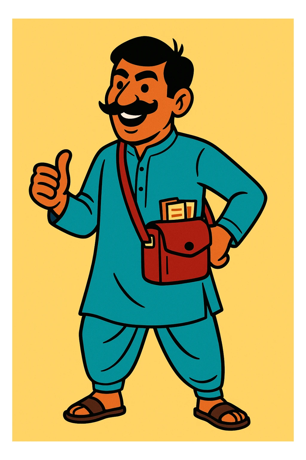 Pakistani bus conductor standing with ticket pouch, smiling, wearing shalwar kameez, mustache, energetic, South Asian features, vibrant illustration, plain background sticker