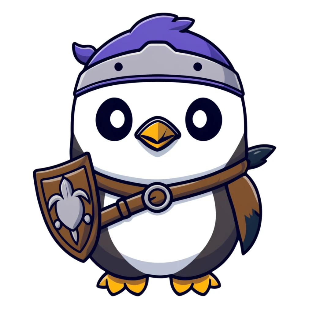 Cute penguin as Norse god Odin with two ravens on shoulders, wearing a Viking helmet and eyepatch sticker