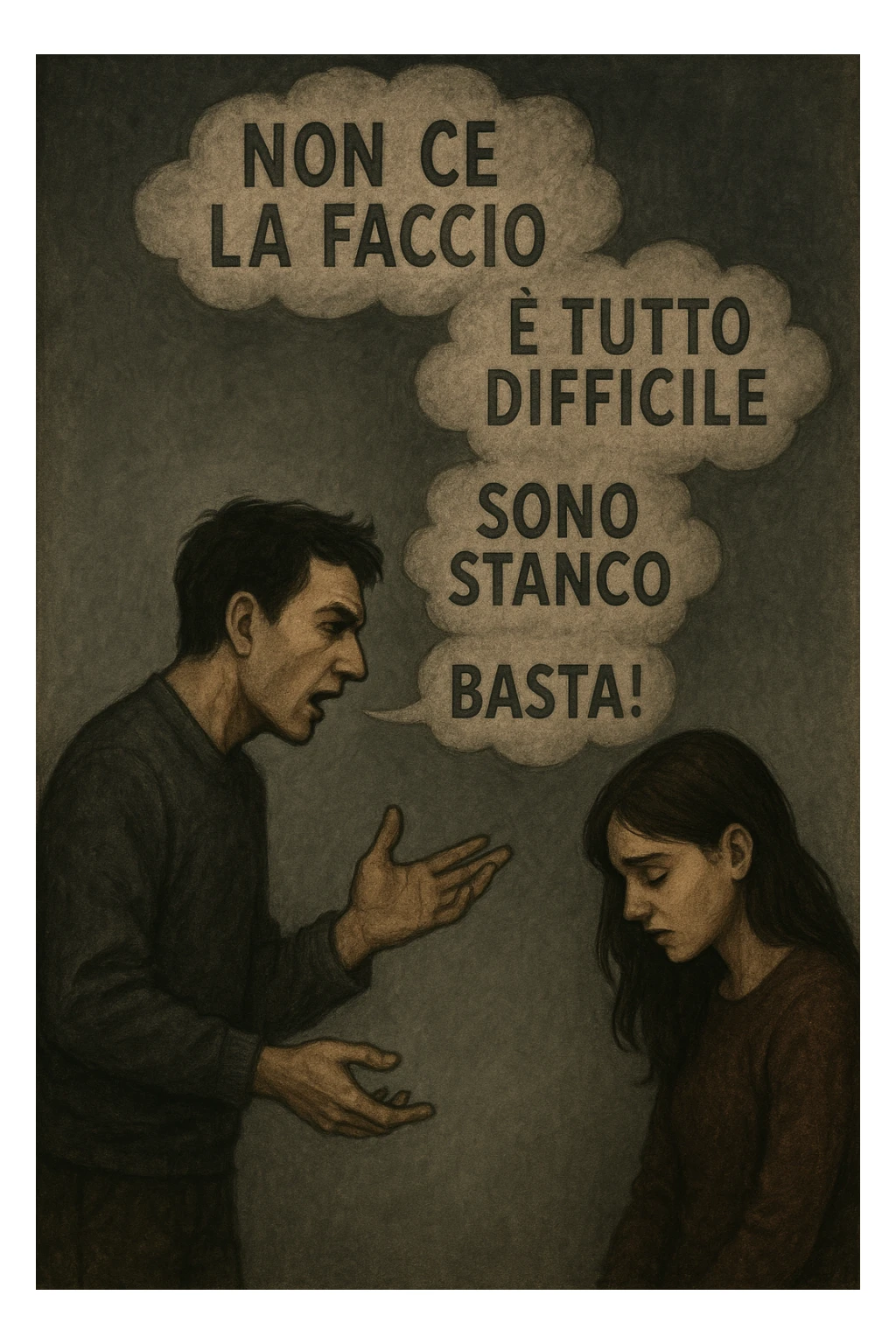 Vertical format: A man speaking, clouds of negative words in Italian ('Non ce la faccio', 'È tutto difficile'), a woman lowering her gaze, heavy energy between them. sticker