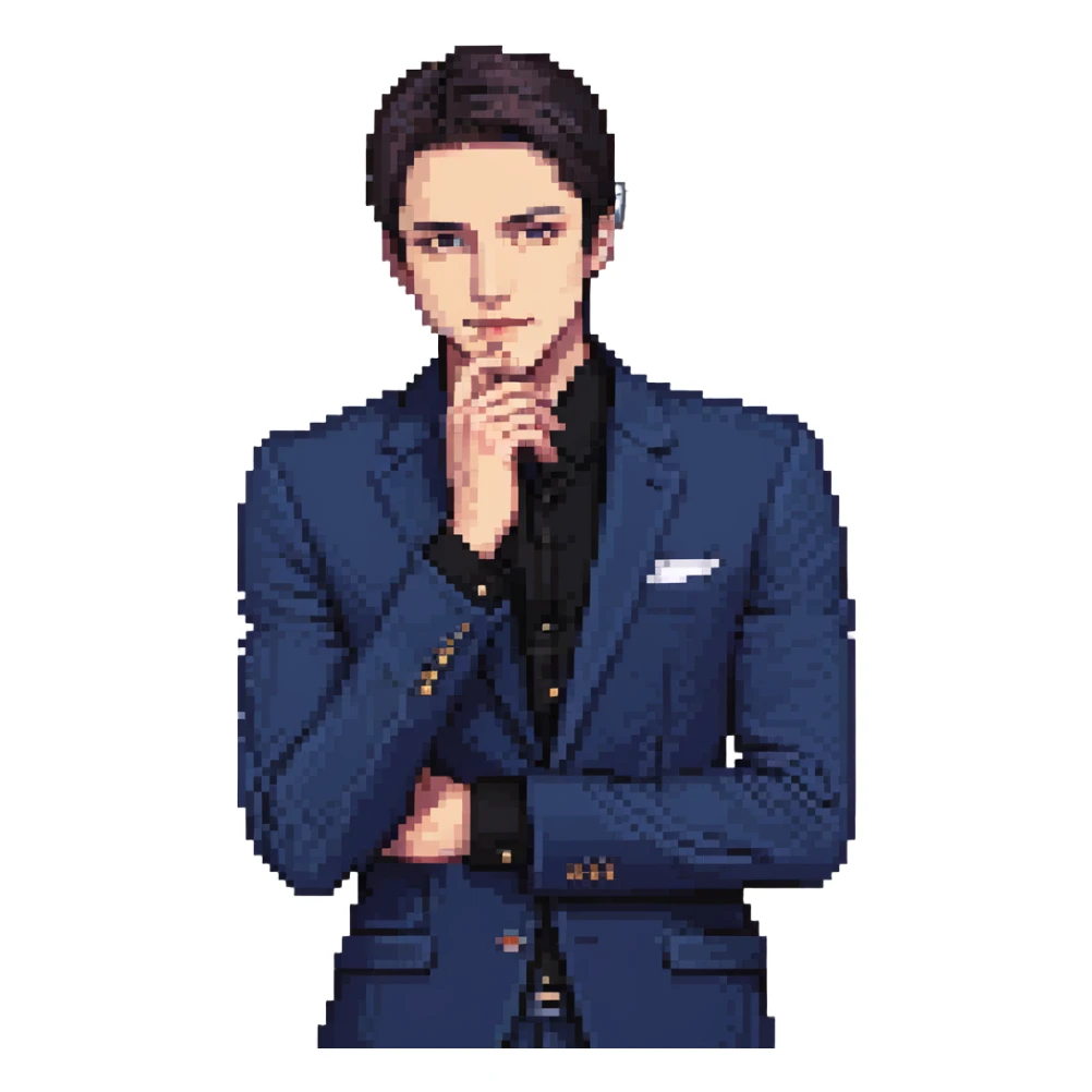 Flat pixel art, focused and reserved male thinker, fair skin, short sleek dark hair, intense sharp eyes, wearing a deep indigo suit jacket over a black shirt, left hand thoughtfully touching chin, waist-up, front-facing sticker