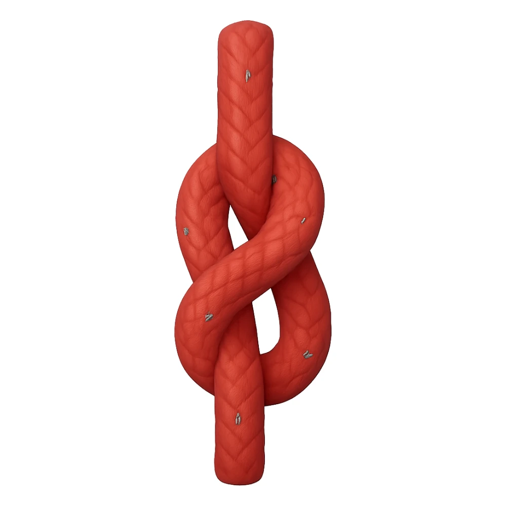 Create an apple-style emoji of a realistic red rope tied in a simple vertical knot. The knot should be clear and clean, not resembling a pretzel. The style should match classic Apple emoji aesthetics with a transparent background. Use the reference image for details and orientation. sticker
