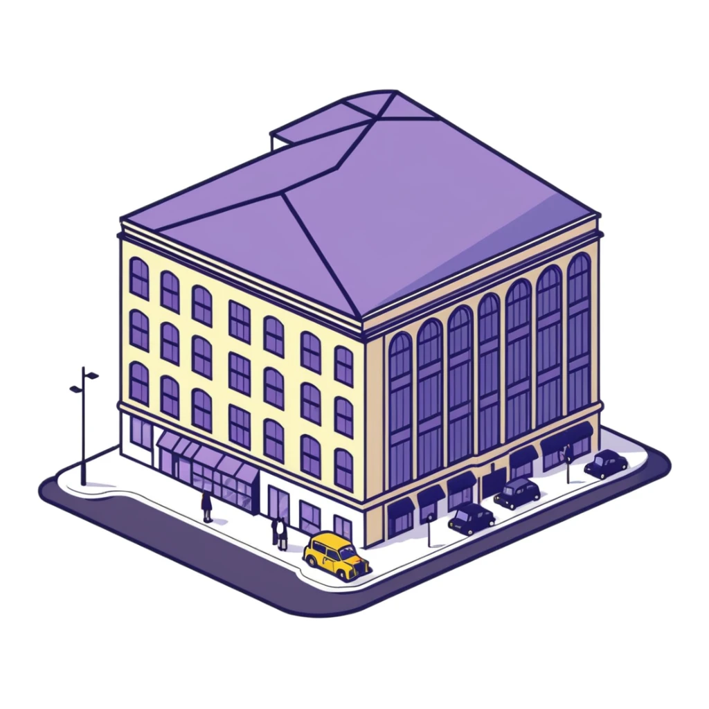 Isometric Marks & Spencer food hall building exterior with typical British architecture, covered entrance, and car park with black London taxi sticker