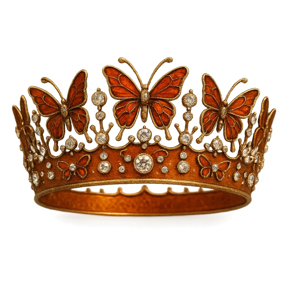 butterfly crown with a burnt orange base, butterflies in deep orange enamel, sparkling gems sticker
