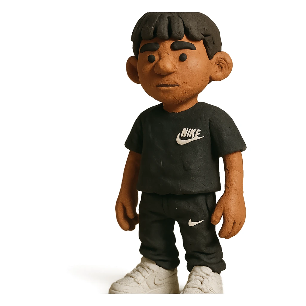 chico moreno cartoon with eyebrow-length bangs, wearing a black Nike t-shirt, black Nike pants lowered, white Dior sneakers, urban flow sticker