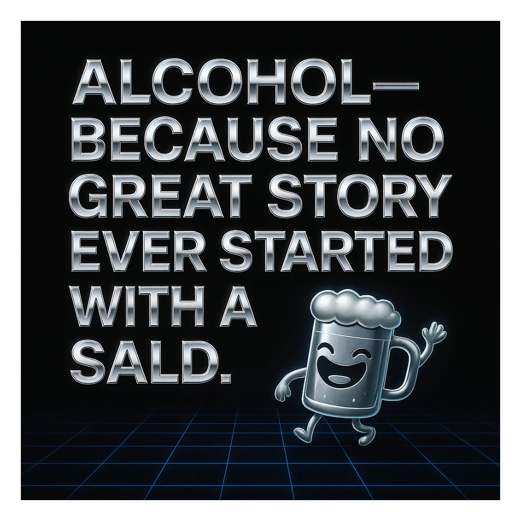 Simplify the vaporwave card: use a minimal neon grid background, one drink icon, and bold chrome text for the quote. Remove extra graphics and keep the color palette clean and limited. sticker