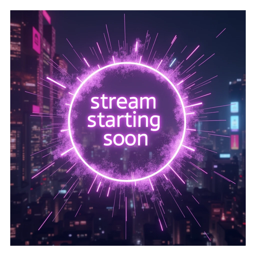 futuristic cyberpunk splash overlay, 'stream starting soon' in glowing lavender, holographic elements, cityscape hints sticker
