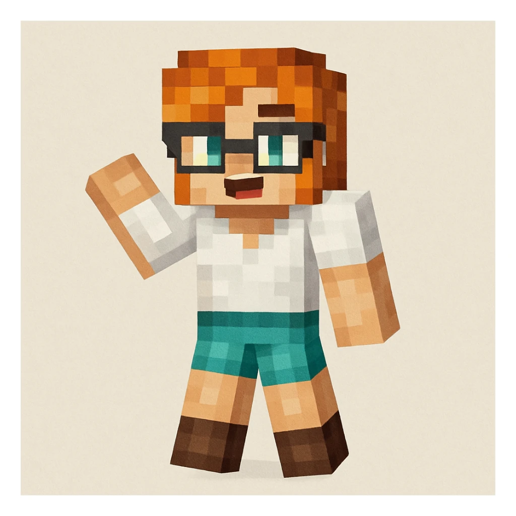 Separate the fifth character (far right, orange hair, glasses) from the group, keeping the original style and quality of the image. sticker