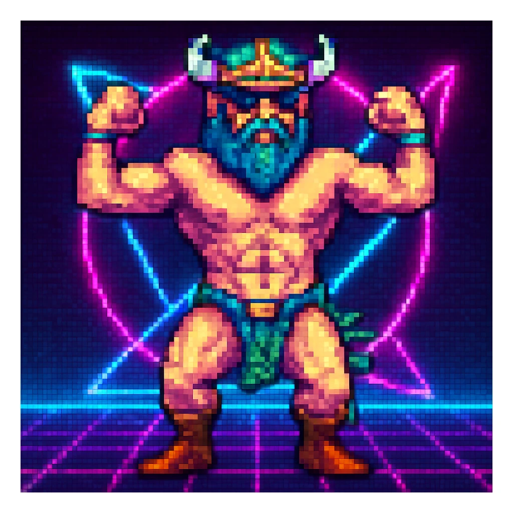 Add a neon background to the Techno Viking dancing in pixel art style. Keep the pixel art style look and feel. sticker