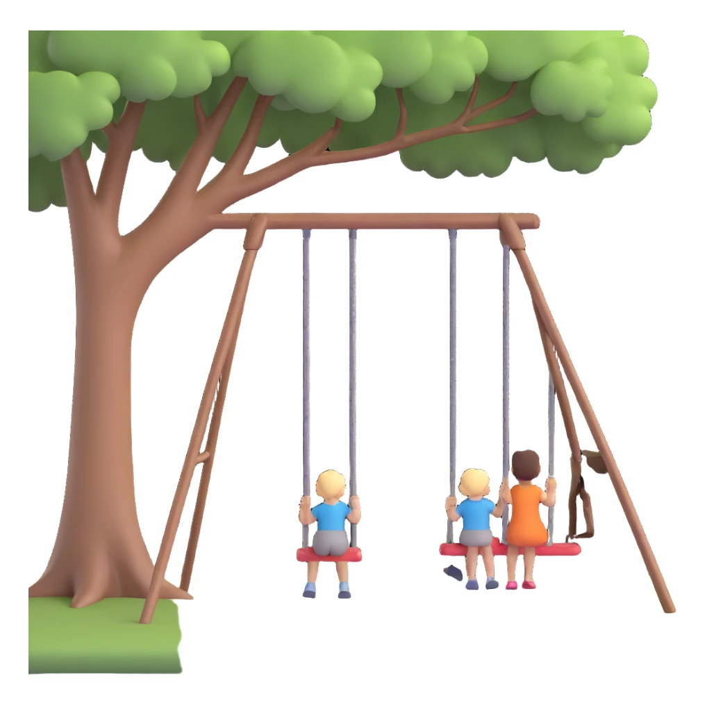 A person pushing a swing with a child sitting on it, outdoors, under a tree, in daylight. The swing is moving back and forth. Focus on the motion of swinging and the person gently pushing it sticker