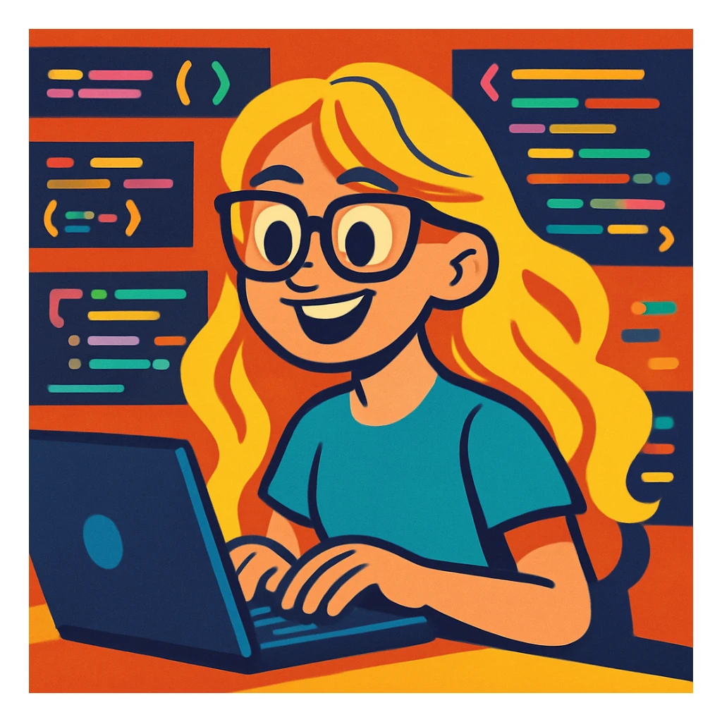 Sabrina Carpenter as a programmer, typing on a laptop, wearing glasses, surrounded by code, energetic vibe, colorful style sticker