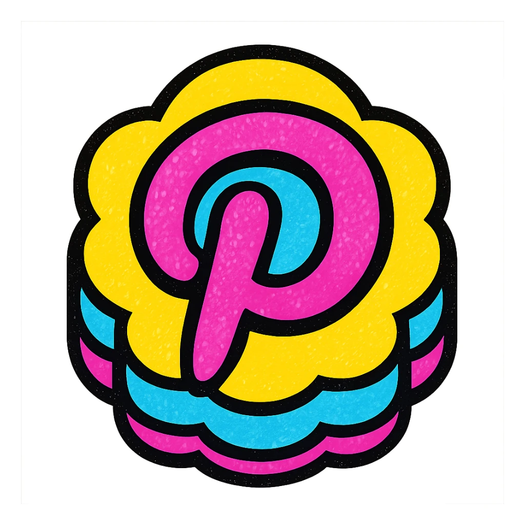 puffy cartoonish Pinterest logo with bold outlines, strong shadows, bright highlights, outlined colorful style sticker
