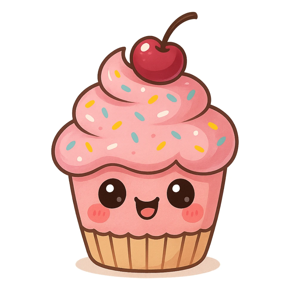 a cute pink cupcake with sprinkles and a cherry, original design, big eyes, blushing cheeks, joyful sticker