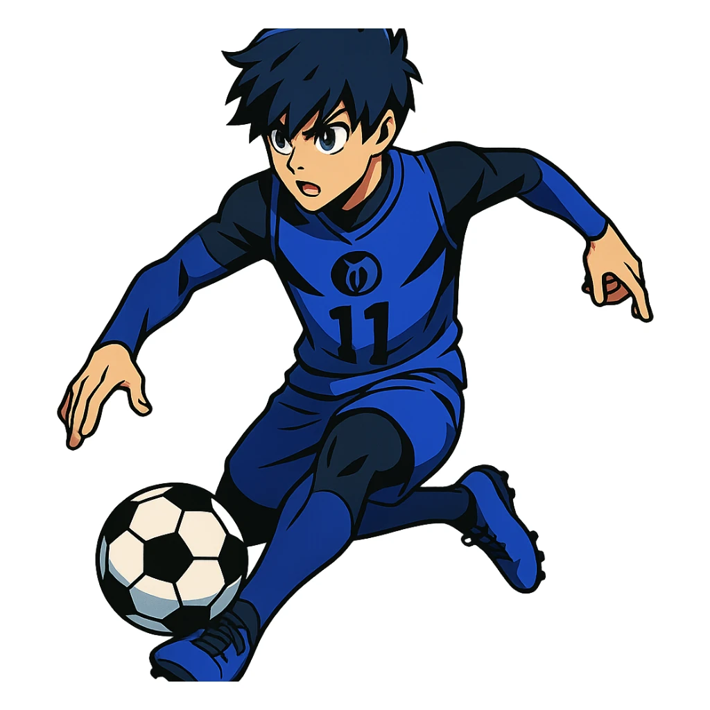 anime soccer player inspired by Blue Lock, dynamic pose, blue and black uniform sticker